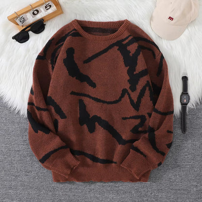 New Popular Spring Autumn Graffiti Jacquard Pattern Pullover Sweater Casual round Neck Contrast Color Knitted Men'S Pullover