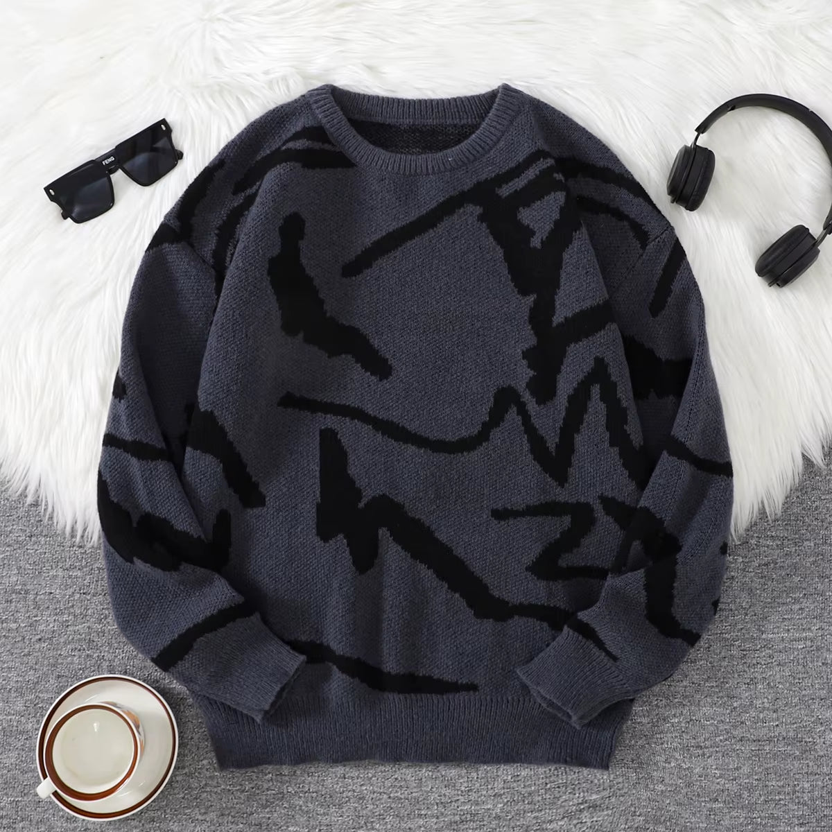 New Popular Spring Autumn Graffiti Jacquard Pattern Pullover Sweater Casual round Neck Contrast Color Knitted Men'S Pullover