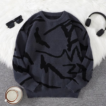 New Popular Spring Autumn Graffiti Jacquard Pattern Pullover Sweater Casual round Neck Contrast Color Knitted Men'S Pullover