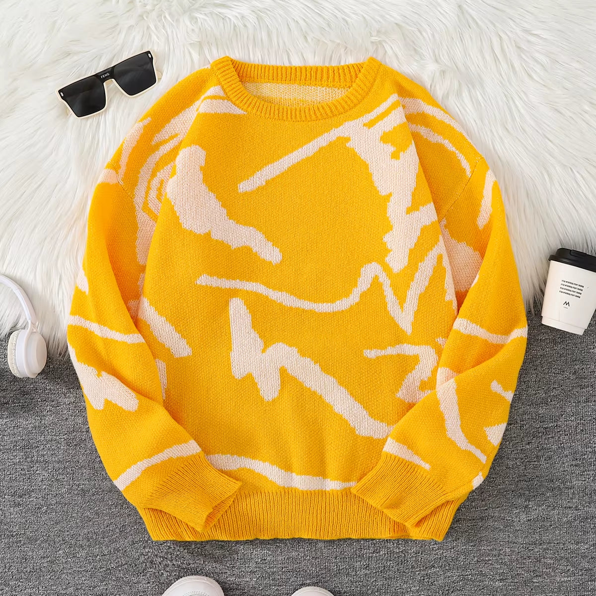 New Popular Spring Autumn Graffiti Jacquard Pattern Pullover Sweater Casual round Neck Contrast Color Knitted Men'S Pullover